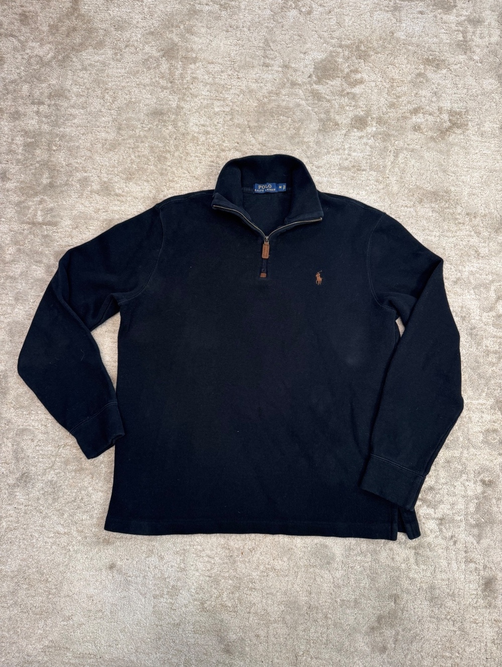Polo Ralph Lauren Mens M Black 100% Cotton 1/4 Zip Sweater Leather Pull